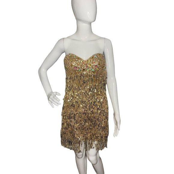 Night Moves Dresses & Skirts - Night Moves XS Petite Gold Sequin Mini Dress Embellished Sweetheart Bodycon NEW